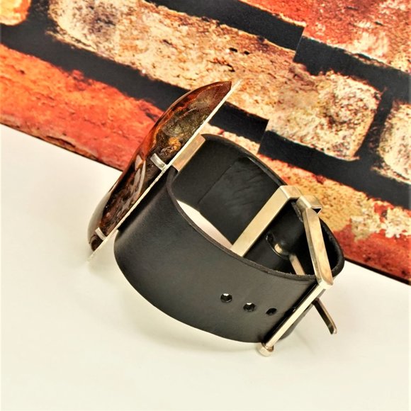 SUPER HUGE AMBER STERLING LEATHER RARE UNISEX BRACELET 9 BY AMBERMODA - Picture 14 of 16
